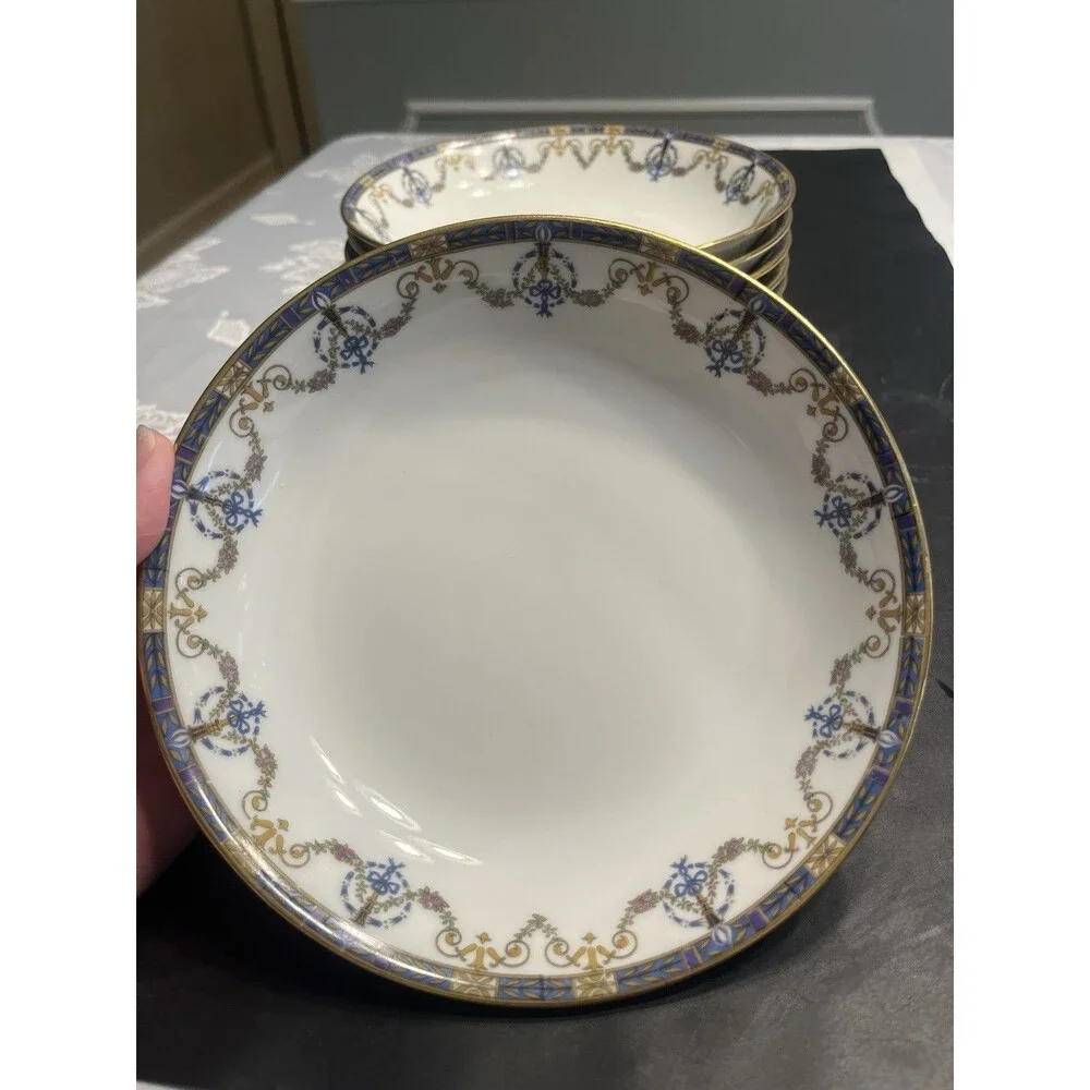 c1920’s Jean Pouyat Limoges Blue Ribbon Floral Garland Gold Rim 7.5” Soup Bowls